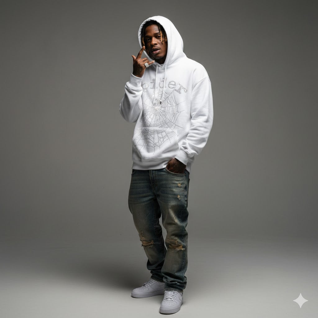 Sp5der OG Rhinestone Logo Hoodie White