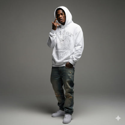 Sp5der OG Rhinestone Logo Hoodie White